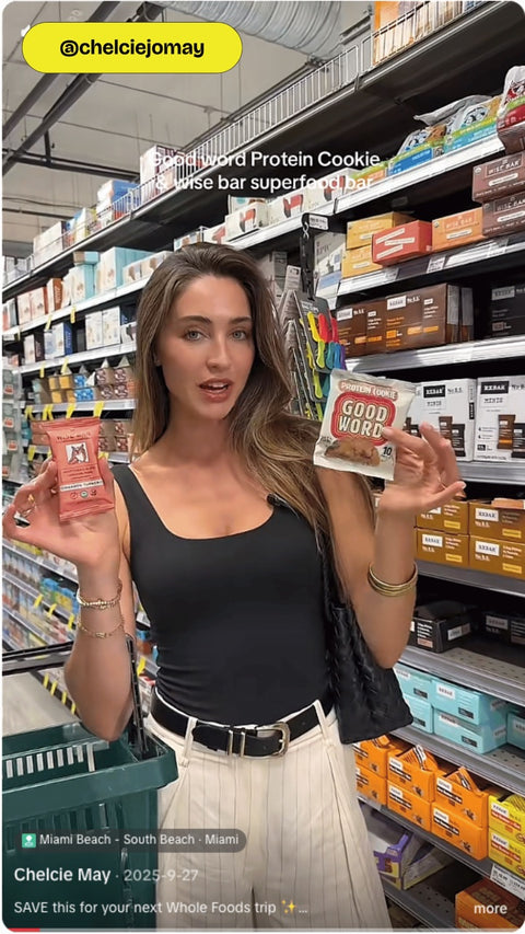 Customer finding a Good Word Protein Cookie at Whole Foods