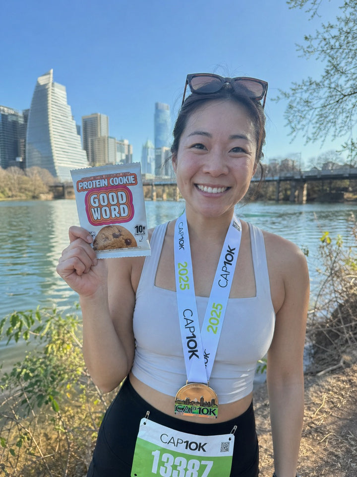 A customer enjoying a Good Word protein snack