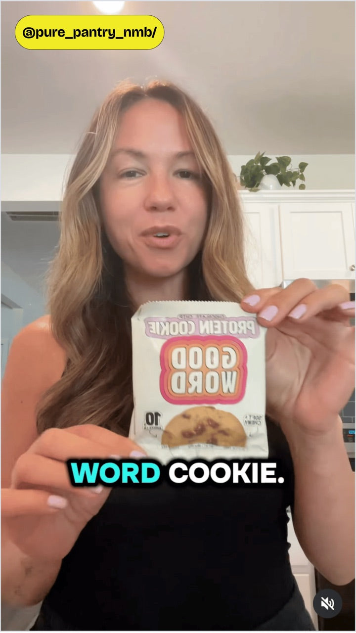 Customer sharing a Good Word Chocolate Chip Protein Cookie