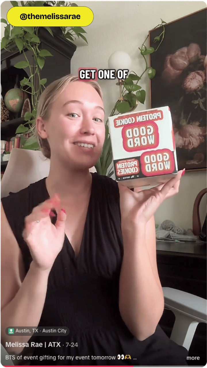 Customer sharing a box of Good Word Protein Cookies