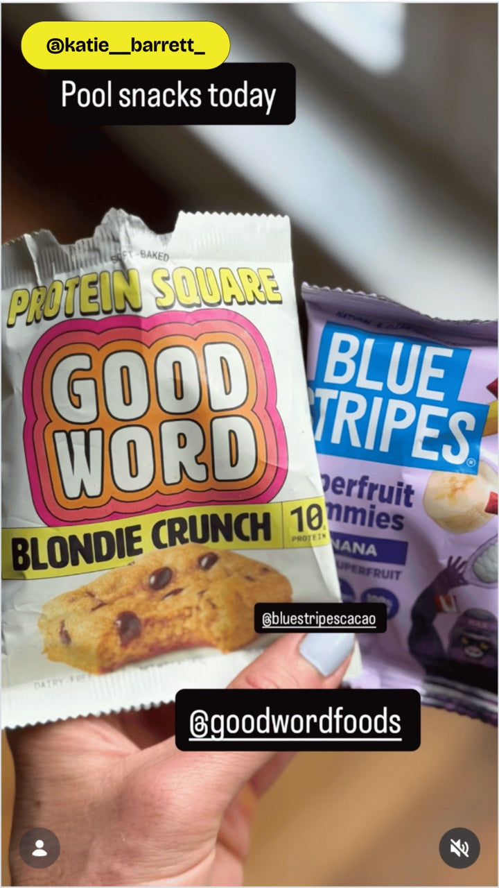 Pool snacks with a Good Word Blondie Crunch Protein Square