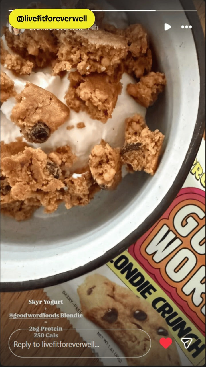 Good Word Blondie Crunch Protein Square crumbled over yogurt