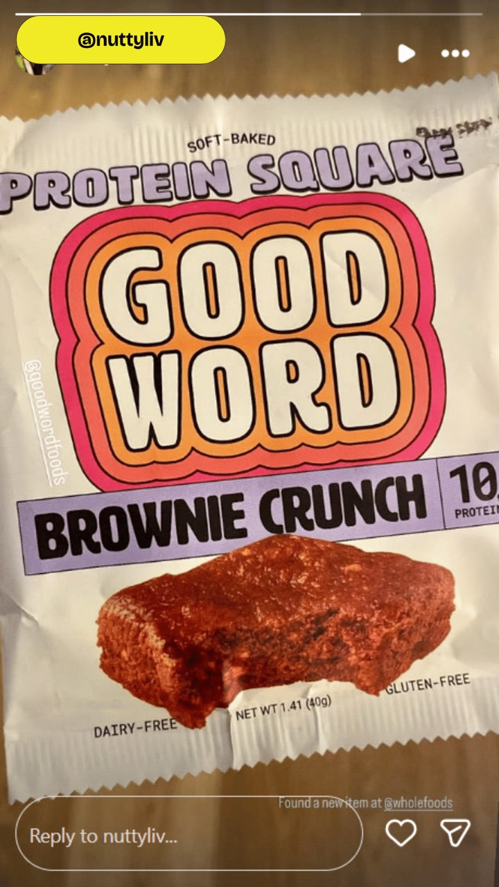 Close-up of a Good Word Brownie Crunch Protein Square package